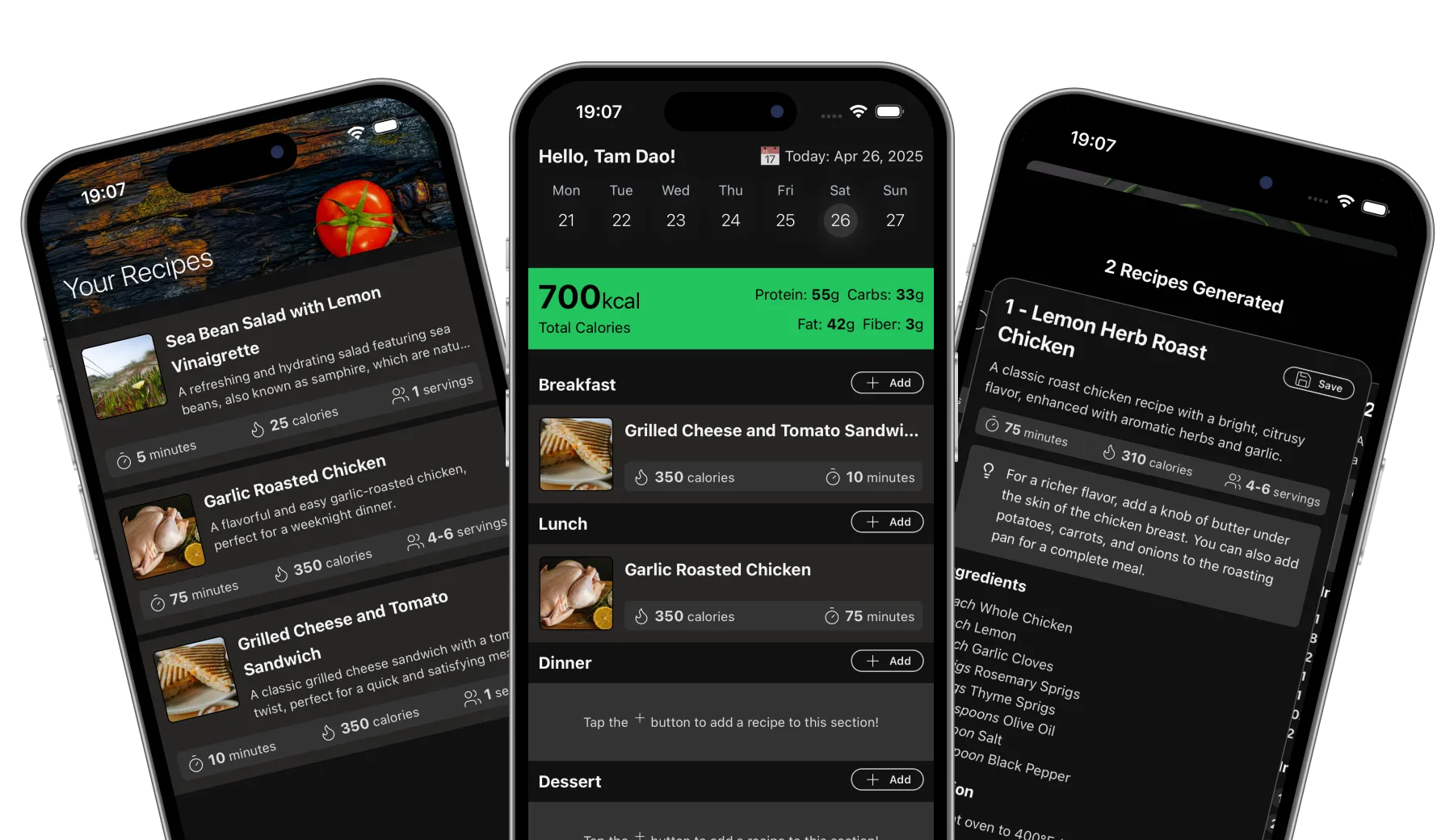 TamiMeal app interface showing meal planning calendar, recipe discovery, and nutrition tracking features
